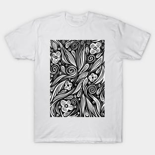 Black and white floral line art background wallpaper T-Shirt